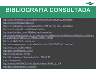 BIBLIOGRAFIA CONSULTADA
http://www.culturaapicola.com.ar/apuntes/libros/715_Silveira_Melo_Almeida.pdf
http://www.webbee.org.br/beetaxon
http://www.culturaapicola.com.ar/apuntes/libros/715_Silveira_Melo_Almeida.pdf
http://www.icb.ufmg.br/zoo/abelhas/colecao.html
http://www.burtsbees.com/wildforbees.html#naturealarm
http://www.jstor.org/discover/10.2307/2409307?uid=364382661&uid=3737664&uid=5909624&uid=2&ui
d=3&uid=67&uid=62&uid=23539&sid=21100951809523
http://www.ufv.br/dbg/bee/introd.htm
http://sistemasdeproducao.cnptia.embrapa.br/FontesHTML/Mel/SPMel/racas.htm
http://moure.cria.org.br/catalogue
http://pt.wikipedia.org/wiki/Apidae
http://www.tiosam.org/~Abelha
http://pt.treknature.com/themes.php?offset=2&thid=17
www.colmeias.org.br
http://www.revista.inf.br/florestal10/pages/artigos/ARTIGO_05.pdf
http://pt.wikipedia.org/wiki/Apicultura
 
