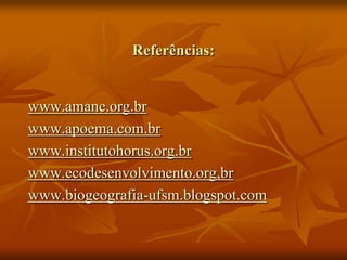 Referências:


www.amane.org.br
www.apoema.com.br
www.institutohorus.org.br
www.ecodesenvolvimento.org,br
www.biogeografia-ufsm.blogspot.com
 