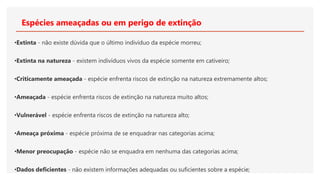 Espécies ameaçadas ou em perigo de extinção
•Extinta - não existe dúvida que o último indivíduo da espécie morreu;
•Extinta na natureza - existem indivíduos vivos da espécie somente em cativeiro;
•Criticamente ameaçada - espécie enfrenta riscos de extinção na natureza extremamente altos;
•Ameaçada - espécie enfrenta riscos de extinção na natureza muito altos;
•Vulnerável - espécie enfrenta riscos de extinção na natureza alto;
•Ameaça próxima - espécie próxima de se enquadrar nas categorias acima;
•Menor preocupação - espécie não se enquadra em nenhuma das categorias acima;
•Dados deficientes - não existem informações adequadas ou suficientes sobre a espécie;
 