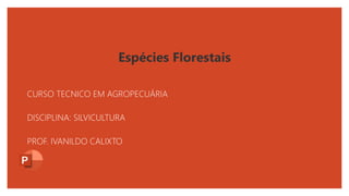 Espécies Florestais
CURSO TECNICO EM AGROPECUÁRIA
DISCIPLINA: SILVICULTURA
PROF. IVANILDO CALIXTO
 