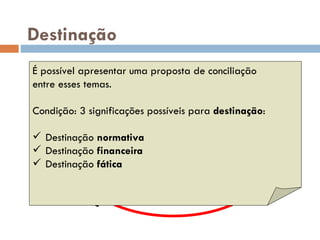 Destinaç ão 1º sentido poss ível: detalhamento da utilização da receita pública. PROBLEMA: a destinaç ão realmente importa?! Artigo 4º, inciso II do CTN versus Contribuiç ões na Constituição É possível apresentar uma proposta de conciliação entre esses temas. Condição: 3 significações possíveis para  destinação : Destinação  normativa Destinaç ão  financeira Destinação  fática 