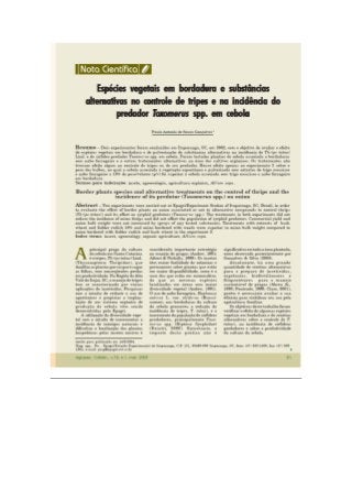 Espécies vegetais em bordadura e substâncias alternativas no controle de tripes e na incidência do predador Toxomerus spp. em cebola.
