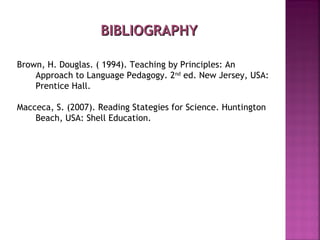 BIBLIOGRAPHY

Brown, H. Douglas. ( 1994). Teaching by Principles: An
    Approach to Language Pedagogy. 2nd ed. New Jersey, USA:
    Prentice Hall.
 
Macceca, S. (2007). Reading Stategies for Science. Huntington
    Beach, USA: Shell Education.
 
 