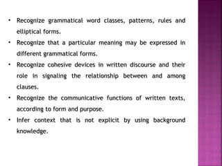 •   Recognize grammatical word classes, patterns, rules and
    elliptical forms.
•   Recognize that a particular meaning may be expressed in
    different grammatical forms.
•   Recognize cohesive devices in written discourse and their
    role in signaling the relationship between and among
    clauses.
•   Recognize the communicative functions of written texts,
    according to form and purpose.
•   Infer context that is not explicit by using background
    knowledge.
 