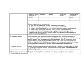 Nasira ang damit
na hiniram sa
kapatid
Pagkatakot kapatid magalit ang
kapatid
maingat sa mga
hinihiram na
gamit
1.
2.
3.
Sagutan ang sumusunod na katanungan.
a. Bakit hindi mo makalimutan ang mga damdaming iyong tinukoy?
b. Paano mo nabigyan ng solusyon ang mga negatibong damdamin?
c. Papaano naiimpluwensiyahan ng iyong emosyon ang iyong mga kilos at pagpapasya?
d. Nakabubuti ba ito sa iyong ugnayan sa sarili at sa iyong kapwa? Ipaliwanag.
e. Ano-anong mga birtud at pagpapahalaga ang dapat na isaalang-alang sa tuwing
nararamdaman ang mga ganitong emosyon upang hindi na magdulot nang pagkasira ng
iyong relasyon sa iyong kapwa?
H. Paglalahat sa aralin Napakahalagang pinag-iisipang mabuti ang gagawin lalo na sa panahong nawawalan ka
na ng pag-asa at pilit na iniiwasan ang pangyayari dala nang bigat ng suliranin at hindi alam kung
ano ang gagawin. Ikaw ay nakararanas ng krisis at pagkalito. Hindi mo na alam ang iyong
gagawin. Ikaw ay nagalit sa iyong matalik na kaibigan dahil narinig mong sinisiraan ka niya.
Iniisip mo na gantihan siya. Mahalaga na maging mahinahon, pagnilayan ang sitwasyon at pag-
isipang mabuti ang pinakamainam na gawin upang maiwasan ang pagsisisi sa huli.
I. Pagtataya ng aralin Magtala ng 5 positibong impluwensya ng emosyon at 5 negatibong impluwensya sa iba’t ibang
uri ng sitwasyon. Gawin ito sa papel. Isang punto bawat sagot. (gawin sa loob ng 5 minuto)
(Reflective Approach)
J. Karagdagang gawain para sa
takdang aralin at remediation
Pangkatin sa apat ang klase at maghanda para sa pag-uulat ng sumusunod na paksa.
 