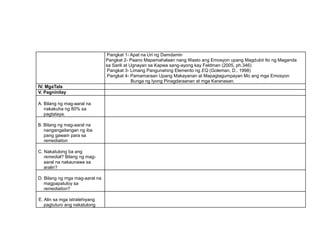 Pangkat 1- Apat na Uri ng Damdamin
Pangkat 2- Paano Mapamahalaan nang Wasto ang Emosyon upang Magdulot Ito ng Maganda
sa Sarili at Ugnayan sa Kapwa sang-ayong kay Feldman (2005, ph.346)
Pangkat 3- Limang Pangunahing Elemento ng EQ (Goleman, D., 1998)
Pangkat 4- Pamamaraan Upang Makayanan at Mapagtagumpayan Mo ang mga Emosyon
Bunga ng Iyong Pinagdaraanan at mga Karanasan.
IV. MgaTala
V. Pagninilay
A. Bilang ng mag-aaral na
nakakuha ng 80% sa
pagtataya.
B. Bilang ng mag-aaral na
nangangailangan ng iba
pang gawain para sa
remediation
C. Nakatulong ba ang
remedial? Bilang ng mag-
aaral na nakaunawa sa
aralin?
D. Bilang ng mga mag-aaral na
magpapatuloy sa
remediation?
E. Alin sa mga istratehiyang
pagtuturo ang nakatulong
 