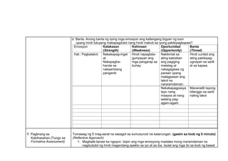 d. Banta. Anong banta ng iyong mga emosyon ang kailangang bigyan ng tuon
upang hindi tuluyang makapagdulot nang hindi mabuti sa iyong pakikipagkapwa?
Emosyon Kalakasan
(Strength)
Kahinaan
(Weakness)
Oportunidad
(Opportunity)
Banta
(Threat)
Hal.: Pagkatakot Nakakapag-ingat
at
Nakapagha-
handa sa
nakaambang
panganib
Hindi napagtata-
gumpayan ang
mga pangarap sa
buhay
Nakikintal sa
ating kalooban
ang pagiging
matatag at
nakagagawa ng
paraan upang
malagpasan ang
takot na
nararamdaman.
Hindi uunlad ang
ating pakikipag-
ugnayan sa sarili
at sa kapwa.
Nakakapagpasya
tayo nang
maayos at nang
walang pag-
agam-agam.
Mananatili tayong
bilanggo sa sarili
nating takot
F. Paglinang sa
Kabihasahan (Tungo sa
Formative Assessment)
Tumawag ng 5 mag-aaral na sasagot sa sumusunod na katanungan. (gawin sa loob ng 5 minuto)
(Reflective Approach)
1. Magbalik-tanaw ka ngayon. Isipin ang mga emosyong madalas mong maramdaman na
nagdudulot ng hindi magandang epekto sa iyo at sa iba. Isulat ang mga ito sa loob ng bawat
 