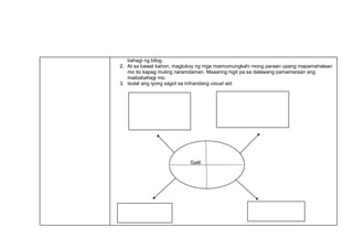 bahagi ng bilog.
2. At sa bawat kahon, magtukoy ng mga maimumungkahi mong paraan upang mapamahalaan
mo ito kapag muling naramdaman. Maaaring higit pa sa dalawang pamamaraan ang
maibabahagi mo.
3. Isulat ang iyong sagot sa inihandang visual aid.
Galit
1. Magrelax muna tulad
ng pag-eehersisyo.
2. Magpalamig muna ng
ulo upang hindi na
lumala ang alitan.
1.
2.
1.
2.
1.
2.
 