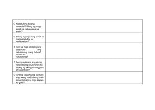C. Nakatulong ba ang
remedial? Bilang ng mag-
aaral na nakaunawa sa
aralin?
D. Bilang ng mga mag-aaral na
magpapatuloy sa
remediation?
E. Alin sa mga istratehiyang
pagtuturo ang
nakatulong nang lubos?
Paano ito
nakatulong?
F. Anong suliranin ang aking
naranasang solusyunan sa
tulong ng aking punongguro
at superbisor?
G. Anong kagamitang panturo
ang aking nadibuhong nais
kong ibahagi sa mga kapwa
ko guro?
 