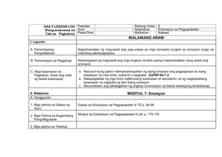DAILY LESSON LOG
(Pang-araw-araw na
Tala sa Pagtuturo)
Paaralan Baitang/ Antas 8
Guro Asignatura Edukasyon sa Pagpapakatao
Petsa/Oras Markahan Ikalawa
IKALAWANG ARAW
I. Layunin
A. Pamantayang
Pangnilalaman
Naipamamalas ng mag-aaral ang pag-unawa sa mga konsepto tungkol sa emosyon tungo sa
mabuting pakikipagkapwa.
B. Pamantayan sa Pagganap Naisasagawa ng mag-aaral ang mga angkop na kilos upang mapamahalaan nang wasto ang
emosyon.
C. Mga kasanayan sa
Pagkatuto. Isulat ang code
ng bawat kasanayan
a. Nasusuri kung paano naiimpluwensyahan ng isang emosyon ang pagpapasya sa isang
sitwasyon na may krisis, suliranin o pagkalito. EsP8P-IIe-7.2
b. Nakapagtatala ng mga hindi malilimutang karanasan at damdamin, at ng magkakaibang
karanasan na nagdulot ng iba’t ibang emosyon.
c. Nauunawaan ang kahalagahan ng angkop na emosyon sa bawat sitwasyong kinakaharap.
II. Nilalaman MODYUL 7: Emosyon
A. Sanggunian
1. Mga pahina sa Gabay ng
Guro
Gabay sa Edukasyon sa Pagpapakatao 8 TG p. 94-95
2. Mga Pahina sa Kagamitang
Pang-Mag-aaral
Modyul sa Edukasyon sa Pagpapakatao 8 LM p. 175-179
3. Mga pahina sa Teksbuk
 