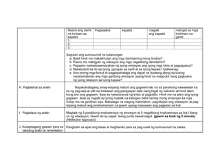 Nasira ang damit
na hiniram sa
kapatid
Pagkatakot kapatid magalit
ang kapatid
maingat sa mga
hinihiram na
gamit
1.
2.
3.
Sagutan ang sumusunod na katanungan.
a. Bakit hindi mo makalimutan ang mga damdaming iyong tinukoy?
b. Paano mo nabigyan ng solusyon ang mga negatibong damdamin?
c. Papaano naiimpluwensiyahan ng iyong emosyon ang iyong mga kilos at pagpapasya?
d. Nakabubuti ba ito sa iyong ugnayan sa sarili at sa iyong kapwa? Ipaliwanag.
e. Ano-anong mga birtud at pagpapahalaga ang dapat na isaalang-alang sa tuwing
nararamdaman ang mga ganitong emosyon upang hindi na magdulot nang pagkasira
ng iyong relasyon sa iyong kapwa?
H. Paglalahat sa aralin Napakahalagang pinag-iisipang mabuti ang gagawin lalo na sa panahong nawawalan ka
na ng pag-asa at pilit na iniiwasan ang pangyayari dala nang bigat ng suliranin at hindi alam
kung ano ang gagawin. Ikaw ay nakararanas ng krisis at pagkalito. Hindi mo na alam ang iyong
gagawin. Ikaw ay nagalit sa iyong matalik na kaibigan dahil narinig mong sinisiraan ka niya.
Iniisip mo na gantihan siya. Mahalaga na maging mahinahon, pagnilayan ang sitwasyon at pag-
isipang mabuti ang pinakamainam na gawin upang maiwasan ang pagsisisi sa huli.
I. Pagtataya ng aralin Magtala ng 5 positibong impluwensya ng emosyon at 5 negatibong impluwensya sa iba’t ibang
uri ng sitwasyon. Gawin ito sa papel. Isang punto bawat sagot. (gawin sa loob ng 5 minuto)
(Reflective Approach)
J. Karagdagang gawain para sa
takdang aralin at remediation
Pangkatin sa apat ang klase at maghanda para sa pag-uulat ng sumusunod na paksa.
 