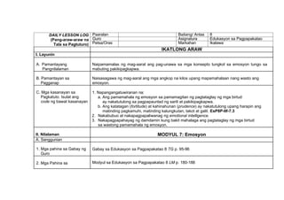 DAILY LESSON LOG
(Pang-araw-araw na
Tala sa Pagtuturo)
Paaralan Baitang/ Antas 8
Guro Asignatura Edukasyon sa Pagpapakatao
Petsa/Oras Markahan Ikalawa
IKATLONG ARAW
I. Layunin
A. Pamantayang
Pangnilalaman
Naipamamalas ng mag-aaral ang pag-unawa sa mga konsepto tungkol sa emosyon tungo sa
mabuting pakikipagkapwa.
B. Pamantayan sa
Pagganap
Naisasagawa ng mag-aaral ang mga angkop na kilos upang mapamahalaan nang wasto ang
emosyon.
C. Mga kasanayan sa
Pagkatuto. Isulat ang
code ng bawat kasanayan
1. Napangangatuwiranan na:
a. Ang pamamahala ng emosyon sa pamamagitan ng pagtataglay ng mga birtud
ay nakatutulong sa pagpapaunlad ng sarili at pakikipagkapwa.
b. Ang katatagan (fortitude) at kahinahunan (prudence) ay nakatutulong upang harapin ang
matinding pagkamuhi, matinding kalungkutan, takot at galit. EsP8P-IIf-7.3
2. Nakabubuo at nakapagpapaliwanag ng emotional intelligence.
3. Nakapagpapahayag ng damdamin kung bakit mahalaga ang pagtataglay ng mga birtud
sa wastong pamamahala ng emosyon.
II. Nilalaman MODYUL 7: Emosyon
A. Sanggunian
1. Mga pahina sa Gabay ng
Guro
Gabay sa Edukasyon sa Pagpapakatao 8 TG p. 95-96
2. Mga Pahina sa Modyul sa Edukasyon sa Pagpapakatao 8 LM p. 180-188
 