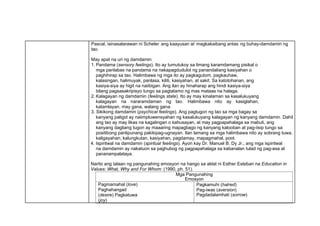 Pascal, isinasalarawan ni Scheler ang kaayusan at magkakaibang antas ng buhay-damdamin ng
tao.
May apat na uri ng damdamin:
1. Pandama (sensory feelings). Ito ay tumutukoy sa limang karamdamang pisikal o
mga panlabas na pandama na nakapagdudulot ng panandaliang kasiyahan o
paghihirap sa tao. Halimbawa ng mga ito ay pagkagutom, pagkauhaw,
kalasingan, halimuyak, panlasa, kiliti, kasiyahan, at sakit. Sa katotohanan, ang
kasiya-siya ay higit na naiibigan. Ang ilan ay hinaharap ang hindi kasiya-siya
bilang pagsasakripisyo tungo sa pagtatamo ng mas mataas na halaga.
2. Kalagayan ng damdamin (feelings state). Ito ay may kinalaman sa kasalukuyang
kalagayan na nararamdaman ng tao. Halimbawa nito ay kasiglahan,
katamlayan, may gana, walang gana.
3. Sikikong damdamin (psychical feelings). Ang pagtugon ng tao sa mga bagay sa
kanyang paligid ay naiimpluwensyahan ng kasalukuyang kalagayan ng kanyang damdamin. Dahil
ang tao ay may likas na kagalingan o kahusayan, at may pagpapahalaga sa mabuti, ang
kanyang dagliang tugon ay maaaring mapagbago ng kanyang kalooban at pag-iisip tungo sa
positibong panlipunang pakikipag-ugnayan. Ilan lamang sa mga halimbawa nito ay sobrang tuwa,
kaligayahan, kalungkutan, kasiyahan, pagdamay, mapagmahal, poot.
4. Ispiritwal na damdamin (spiritual feelings). Ayon kay Dr. Manuel B. Dy Jr., ang mga ispiritwal
na damdamin ay nakatuon sa paghubog ng pagpapahalaga sa kabanalan tulad ng pag-asa at
pananampalataya.
Narito ang talaan ng pangunahing emosyon na hango sa aklat ni Esther Esteban na Education in
Values: What, Why and For Whom: (1990, ph. 51).
Mga Pangunahing
Emosyon
Pagmamahal (love)
Paghahangad
(desire) Pagkatuwa
(joy)
Pagkamuhi (hatred)
Pag-iwas (aversion)
Pagdadalamhati (sorrow)
 