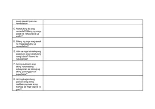 pang gawain para sa
remediation
C. Nakatulong ba ang
remedial? Bilang ng mag-
aaral na nakaunawa sa
aralin?
D. Bilang ng mga mag-aaral
na magpapatuloy sa
remediation?
E. Alin sa mga istratehiyang
pagtuturo ang nakatulong
nang lubos? Paano ito
nakatulong?
F. Anong suliranin ang
aking naranasang
solusyunan sa tulong ng
aking punungguro at
superbisor?
G. Anong kagamitang
panturo ang aking
nadibuhong nais kong
ibahagi sa mga kapwa ko
guro?
 