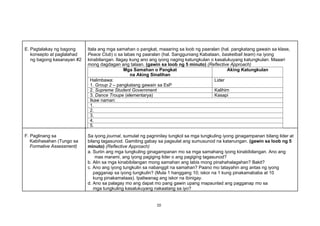 10
E. Pagtalakay ng bagong
konsepto at paglalahad
ng bagong kasanayan #2
Itala ang mga samahan o pangkat, maaaring sa loob ng paaralan (hal. pangkatang gawain sa klase,
Peace Club) o sa labas ng paaralan (hal. Sangguniang Kabataan, basketball team) na iyong
kinabilangan. Ilagay kung ano ang iyong naging katungkulan o kasalukuyang katungkulan. Maaari
mong dagdagan ang talaan. (gawin sa loob ng 5 minuto) (Reflective Approach)
Mga Samahan o Pangkat
na Aking Sinalihan
Aking Katungkulan
Halimbawa:
1. Group 2 – pangkatang gawain sa EsP
Lider
2. Supreme Student Government Kalihim
3. Dance Troupe (elementarya) Kasapi
Ikaw naman:
1.
2.
3.
4.
5.
F. Paglinang sa
Kabihasahan (Tungo sa
Formative Assessment)
Sa iyong journal, sumulat ng pagninilay tungkol sa mga tungkuling iyong ginagampanan bilang lider at
bilang tagasunod. Gamiting gabay sa pagsulat ang sumusunod na katanungan. (gawin sa loob ng 5
minuto) (Reflective Approach)
a. Suriin ang mga tungkuling ginagampanan mo sa mga samahang iyong kinabibilangan. Ano ang
mas marami, ang iyong pagiging lider o ang pagiging tagasunod?
b. Alin sa mga kinabibilangan mong samahan ang labis mong pinahahalagahan? Bakit?
c. Ano ang iyong tungkulin sa nabanggit na samahan? Paano mo tatayahin ang antas ng iyong
pagganap sa iyong tungkulin? (Mula 1 hanggang 10; iskor na 1 kung pinakamababa at 10
kung pinakamataas). Ipaliwanag ang iskor na ibinigay.
d. Ano sa palagay mo ang dapat mo pang gawin upang mapaunlad ang pagganap mo sa
mga tungkuling kasalukuyang nakaatang sa iyo?
 