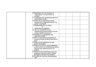 7
10.Nagbibigay ako ng nararapat na
impormasyon sa mga kasapi ng
pangkat.
11. Gumagawa ako ng aksyong tugma sa
ipinatutupad ng lider.
12.Aktibo akong nagpapasya upang
makatulong sa pagsasakatuparan ng
gawain ng pangkat.
13.Nagpapakita ako ng interes
at
katalinuhan sa paggawa.
14. Ako ay maaasahan at may
kakayahang gumawa kasama ang iba
upang makamit ang layunin.
15.Kinikilala ko at iginagalang ang
awtoridad ng lider.
16.Alam ko ang aking pananagutan sa
maaaring ibunga ng aking mga kilos at
gawa.
17.Aktibo akong nakikilahok sa mga
gawain ng pangkat.
18.Kritikal kong sinusuri ang ipinagagawa
ng lider kung ito ay makatutulong upang
makamit ang mabuting layunin ng
pangkat .
19.Malaya kong ipinahahayag nang may
paggalang ang aking opinyon kapag
gumagawa ng pasya ang pangkat.
20.Pumipili ako ng isang mapanagutang
lider
 