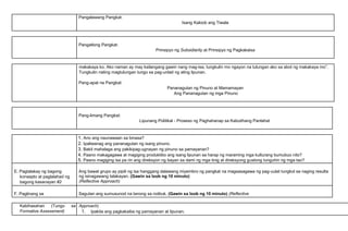Pangalawang Pangkat:
Isang Kaloob ang Tiwala
Pangatlong Pangkat:
Prinsipyo ng Subsidiarity at Prinsipyo ng Pagkakaisa
makakaya ko. Ako naman ay may kailangang gawin nang mag-isa, tungkulin mo ngayon na tulungan ako sa abot ng makakaya mo”.
Tungkulin nating magtulungan tungo sa pag-unlad ng ating lipunan.
Pang-apat na Pangkat:
Pananagutan ng Pinuno at Mamamayan
Ang Pananagutan ng mga Pinuno
Pang-limang Pangkat:
Lipunang Politikal - Proseso ng Paghahanap sa Kabutihang Panlahat
1. Ano ang naunawaan sa binasa?
2. Ipaliwanag ang pananagutan ng isang pinuno.
3. Bakit mahalaga ang pakikipag-ugnayan ng pinuno sa pamayanan?
4. Paano makagagawa at magiging produktibo ang isang lipunan sa harap ng maraming mga kulturang bumubuo nito?
5. Paano magiging isa pa rin ang direksyon ng bayan sa dami ng mga tinig at direksyong gustong tunguhin ng mga tao?
E. Pagtalakay ng bagong
konsepto at paglalahad ng
bagong kasanayan #2
Ang bawat grupo ay pipili ng isa hanggang dalawang miyembro ng pangkat na magsasagawa ng pag-uulat tungkol sa naging resulta
ng isinagawang talakayan. (Gawin sa loob ng 10 minuto)
(Reflective Approach)
F. Paglinang sa Sagutan ang sumusunod na tanong sa notbuk. (Gawin sa loob ng 10 minuto) (Reflective
Kabihasahan (Tungo sa
Formative Assessment)
Approach)
1. Ipakita ang pagkakaiba ng pamayanan at lipunan.
 