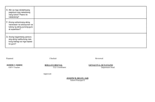 E. Alin sa mga istratehiyang
pagtuturo ang nakatulong
nang lubos? Paano ito
nakatulong?
F. Anong suliraninang aking
naranasan na solusyunan sa
tulong ng aking punong-guro
at superbisor?
G. Anong kagamitang panturo
ang aking nadibuhong nais
kong ibahagi sa mga kapwa
ko guro?
Prepared: Checked: Reviewed:
JEANEBIL S. NAMOC ROLLAN URSUNAL GENALYN G. OCTAVIANO
ESP 9 Teacher TLE Coordinator Department Head
Approved:
JOSEPH M. BELOY, EdD
School Principal II
 