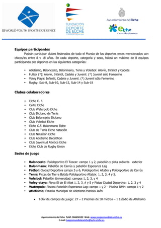 Ayuntamiento de Elche Teléf. 966658122 Web: www.juegosmundialeselche.es
E-mail: juegosmundialeselche@ayto-elche.es
Equipos...