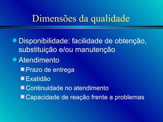 Dimensões da qualidade Disponibilidade: facilidade de obtenção, substituição e/ou manutenção Atendimento Prazo de entrega Exatidão Continuidade no atendimento Capacidade de reação frente a problemas 