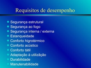 Requisitos de desempenho Segurança estrutural Segurança ao fogo Segurança interna / externa Estanqueidade Conforto higrotérmico Conforto acústico Conforto tátil Adaptação à utilizãção Durabilidade Manutenabilidade 