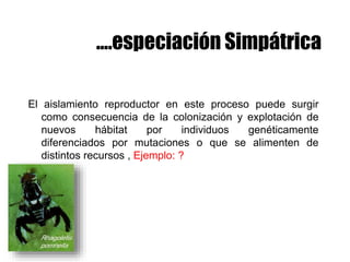 ....especiación Simpátrica
El aislamiento reproductor en este proceso puede surgir
como consecuencia de la colonización y explotación de
nuevos hábitat por individuos genéticamente
diferenciados por mutaciones o que se alimenten de
distintos recursos , Ejemplo: ?
 