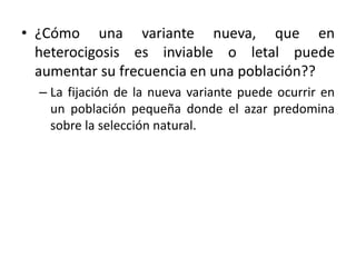 • ¿Cómo una variante nueva, que en
heterocigosis es inviable o letal puede
aumentar su frecuencia en una población??
– La fijación de la nueva variante puede ocurrir en
un población pequeña donde el azar predomina
sobre la selección natural.
 