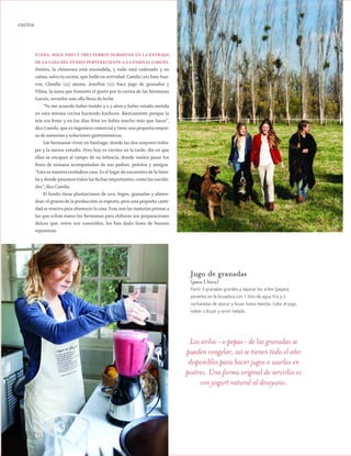 ™JULIO2012
110
cocina
FUERA, HACE FRÍO Y TRES PERROS DORMITAN EN LA ENTRADA
DE LA CASA DEL FUNDO PERTENECIENTE A LA FAMILIA GARCÉS.
Dentro, la chimenea está encendida, y todo está ordenado y en
calma, salvo la cocina, que bulle en actividad. Camila (26) bate hue-
vos, Claudia (25) amasa, Josefina (22) hace jugo de granadas y
Vilma, la nana que fomentó el gusto por la cocina de las hermanas
Garcés, revuelve una olla llena de leche.
“Yo me acuerdo haber tenido 4 o 5 años y haber estado metida
en esta misma cocina haciendo kuchens. Básicamente porque la
tele era fome y en los días fríos no había mucho más que hacer”,
dice Camila, que es ingeniera comercial y tiene una pequeña empre-
sa de asesorías y soluciones gastronómicas.
Las hermanas viven en Santiago, donde las dos mayores traba-
jan y la menor estudia. Pero hoy es viernes en la tarde, día en que
ellas se escapan al campo de su infancia, donde suelen pasar los
fines de semana acompañadas de sus padres, pololos y amigos.
“Esta es nuestra verdadera casa. Es el lugar de encuentro de la fami-
lia y donde pasamos todas las fechas importantes, como las navida-
des”, dice Camila.
El fundo tiene plantaciones de uva, higos, granadas y almen-
dras; el grueso de la producción se exporta, pero una pequeña canti-
dad se reserva para abastecer la casa. Esas son las materias primas a
las que echan mano las hermanas para elaborar sus preparaciones
dulces que, entre sus conocidos, les han dado fama de buenas
reposteras.
Jugo de granadas
(para 1 litro)
Partir 3 granadas grandes y separar los arilos (pepas),
ponerlos en la licuadora con 1 litro de agua fría y 2
cucharadas de azúcar y licuar hasta mezclar. Colar el jugo,
volver a licuar y servir helado.
Los arilos -o pepas- de las granadas se
pueden congelar, así se tienen todo el año
disponibles para hacer jugos o usarlos en
postres. Una forma original de servirlos es
con yogurt natural al desayuno.
 