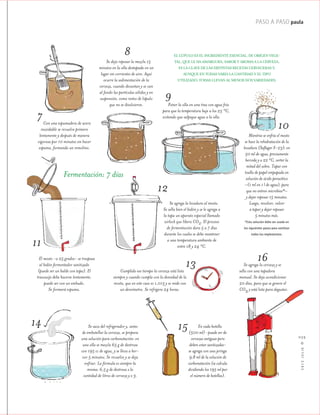 PASO A PASO paula
2012JULIO™
059
Con una espumadera de acero
inoxidable se revuelve primero
lentamente y después de manera
vigorosa por 10 minutos sin hacer
espuma, formando un remolino.
Poner la olla en una tina con agua fría
para que la temperatura baje a los 25 °C,
evitando que salpique agua a la olla.
Mientras se enfría el mosto
se hace la rehidratación de la
levadura (Saflager S-23): en
50 ml de agua, previamente
hervida y a 22 °C, verter la
mitad del sobre. Tapar con
toalla de papel empapada en
solución de ácido peracético
–(1 ml en 1 l de agua), para
que no entren microbios*–
y dejar reposar 15 minutos.
Luego, revolver, volver
a tapar y dejar reposar
5 minutos más.
*Esta solución debe ser usada en
los siguientes pasos para sanitizar
todos los implementos.
El mosto -a 25 grados- se traspasa
al bidón fermentador sanitizado
(puede ser un balde con tapa). El
trasvasije debe hacerse lentamente,
puede ser con un embudo.
Se formará espuma.
Se agrega la levadura al mosto.
Se sella bien el bidón y se le agrega a
la tapa un aparato especial llamado
airlock que libera CO2. El proceso
de fermentación dura 5 a 7 días
durante los cuales se debe mantener
a una temperatura ambiente de
entre 18 y 24 °C.
Cumplido ese tiempo la cerveza está lista
siempre y cuando cumpla con la densidad de la
receta, que en este caso es 1,013 y se mide con
un densímetro. Se refrigera 24 horas.
Se saca del refrigerador y, antes
de embotellar la cerveza, se prepara
una solución para carbonatación: en
una olla se mezcla 65 g de dextrosa
con 195 cc de agua, y se lleva a her-
vor 5 minutos. Se revuelve y se deja
enfriar. La fórmula es siempre la
misma: 6,5 g de dextrosa x la
cantidad de litros de cerveza y x 3.
En cada botella
(500 ml) -puede ser de
cervezas antiguas pero
deben estar sanitizadas-
se agrega con una jeringa
9,8 ml de la solución de
carbonatación (se calcula
dividiendo los 195 ml por
el número de botellas).
Se agrega la cerveza y se
sella con una tapadora
manual. Se deja acondicionar
20 días, para que se genere el
CO2 y está lista para degustar.
EL LÚPULO ES EL INGREDIENTE ESENCIAL, DE ORIGEN VEGE-
TAL, QUE LE DA AMARGURA, SABOR Y AROMA A LA CERVEZA.
ES LA CLAVE DE LAS DISTINTAS RECETAS CERVECERAS Y,
AUNQUE EN TODAS VARÍA LA CANTIDAD Y EL TIPO
UTILIZADO, TODAS LLEVAN AL MENOS DOS VARIEDADES.
Se deja reposar la mezcla 15
minutos en la olla destapada en un
lugar sin corrientes de aire. Aquí
ocurre la sedimentación de la
cerveza, cuando decantan y se van
al fondo las partículas sólidas y en
suspensión, como restos de lúpulo
que no se disolvieron.
7
8
9
10
11
12
13
14 15
16
Fermentación: 7 días
 