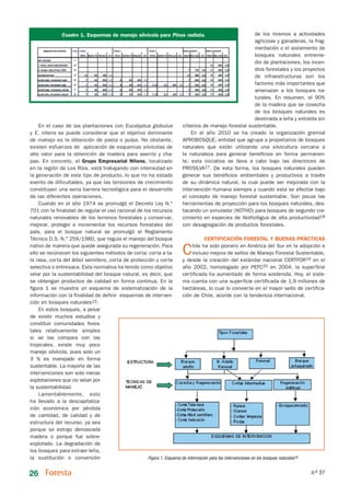 Cuadro 1. Esquemas de manejo silvícola para Pinus radiata.                             de los mismos a actividades
                                                                                                     agrícolas y ganaderas, la frag-
                                                                                                     mentación o el aislamiento de
                                                                                                     bosques naturales entreme-
                                                                                                     dio de plantaciones, los incen-
                                                                                                     dios forestales y los proyectos
                                                                                                     de infraestructuras son los
                                                                                                     factores más importantes que
                                                                                                     amenazan a los bosques na-
                                                                                                     turales. En resumen, el 90%
                                                                                                     de la madera que se cosecha
                                                                                                     de los bosques naturales es
                                                                                                     destinada a leña y extraída sin
    En el caso de las plantaciones con Eucalyptus globulus            criterios de manejo forestal sustentable.
y E. nitens se puede considerar que el objetivo dominante                 En el año 2010 se ha creado la organización gremial
de manejo es la obtención de pasta o pulpa. No obstante,              APROBOSQUE, entidad que agrupa a propietarios de bosques
existen esfuerzos de aplicación de esquemas silvícolas de             naturales que están utilizando una silvicultura cercana a
alto valor para la obtención de madera para aserrío y cha-            la naturaleza para generar beneficios en forma permanen-
pas. En concreto, el Grupo Empresarial Nitens, localizado             te; esta iniciativa se lleva a cabo bajo las directrices de
en la región de Los Ríos, está trabajando con intensidad en           PROSILVA17. De esta forma, los bosques naturales pueden
la generación de este tipo de producto, lo que no ha estado           generar sus beneficios ambientales y productivos a través
exento de dificultades, ya que las tensiones de crecimiento           de su dinámica natural, la cual puede ser mejorada con la
constituyen una seria barrera tecnológica para el desarrollo          intervención humana siempre y cuando esta se efectúe bajo
de las diferentes operaciones.                                        el concepto de manejo forestal sustentable. Son pocas las
    Cuando en el año 1974 se promulgó el Decreto Ley N.°              herramientas de proyección para los bosques naturales, des-
701 con la finalidad de regular el uso racional de los recursos       tacando un simulador (NOTHO) para bosques de segundo cre-
naturales renovables de los terrenos forestales y conservar,          cimiento en especies de Nothofagus de alta productividad18
mejorar, proteger e incrementar los recursos forestales del           con desagregación de productos forestales.
país, para el bosque natural se promulgó el Reglamento
Técnico D.S. N.° 259/1980, que regula el manejo del bosque                         CERTIFICACIÓN FORESTAL Y BUENAS PRÁCTICAS
nativo de manera que quede asegurada su regeneración. Para
ello se reconocen los siguientes métodos de corta: corta a ta-
la rasa, corta del árbol semillero, corta de protección y corta
                                                                      C      hile ha sido pionero en América del Sur en la adopción e
                                                                             incluso mejora de sellos de Manejo Forestal Sustentable,
                                                                       y desde la creación del estándar nacional CERTFOR19 en el
selectiva o entresaca. Esta normativa ha tenido como objetivo          año 2002, homologado por PEFC20 en 2004, la superficie
velar por la sustentabilidad del bosque natural, es decir, que         certificada ha aumentado de forma sostenida. Hoy, el siste-
se obtengan productos de calidad en forma continua. En la              ma cuenta con una superficie certificada de 1,9 millones de
figura 1 se muestra un esquema de sistematización de la                hectáreas, lo cual lo convierte en el mayor sello de certifica-
información con la finalidad de definir esquemas de interven-          ción de Chile, acorde con la tendencia internacional.
ción en bosques naturales15.
    En estos bosques, a pesar
de existir muchos estudios y
constituir comunidades fores-
tales relativamente simples
si se las compara con las
tropicales, existe muy poco
manejo silvícola, pues solo un
3 % es manejado en forma
sustentable. La mayoría de las
intervenciones son solo meras
explotaciones que no velan por
la sustentabilidad.
    Lamentablemente, esto
ha llevado a la descapitaliza-
ción económica por pérdida
de cantidad, de calidad y de
estructura del recurso, ya sea
porque se extrajo demasiada
madera o porque fue sobre-
explotado. La degradación de
los bosques para extraer leña,
la sustitución o conversión                          Figura 1. Esquema de información para las intervenciones en los bosques naturales16


26                                                                                                                               n.o 51
 