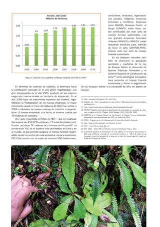 consultoras, sindicatos, organizacio-
                                                                                                                          nes sociales, indígenas, empresas
                                                                                                                          forestales y científicos. Empresas
                                                                                                                          como MASISA, Bosques Cautín, el
                                                                                                                          Grupo COMACO, entre otros, es-
                                                                                                                          tán certificadas por este sello de
                                                                                                                          manejo forestal sustentable. Las
                                                                                                                          dos grandes empresas forestales
                                                                                                                          chilenas, MININCO y ARAUCO, están
                                                                                                                          realizando esfuerzos para, además
                                                                                                                          de tener el sello CERTFOR/PEFC,
                                                                                                                          obtener este otro sello de manejo
                                                                                                                          forestal sustentable.
                                                                                                                                En los bosques naturales tam-
                                                                                                                          bién se promueve la aplicación
                                                                                                                          apropiada y equitativa de la Ley
                                                                                                                          de Bosque Nativo, el desarrollo de
                                                                                                                          Buenas Prácticas Forestales y el
                                                                                                                          Sistema Nacional de Certificación de
               Figura 2. Evolución de la superficie certificada mediante CERTFOR en Chile21                               Leña24 como estrategias principales
                                                                                                                          para aumentar el manejo forestal
                                                                                                                          sustentable y frenar la degradación
    En términos de cadenas de custodia, la tendencia hacia                          de los bosques debido a la extracción de leña sin planes de
la certificación comenzó en el año 2004, registrándose una                          manejo.
gran incorporación en el año 2005, producto de las mayores
exigencias internacionales en términos de etiquetado. En el
año 2009 hubo un crecimiento explosivo del sistema, regis-                          15.	http://www.gestionforestal.cl:81/index.html
                                                                                    16.	Extraído de: http://www.gestionforestal.cl:81/pt_02/bosquenativo/txt/estudioBos-
trándose la incorporación de 16 nuevas empresas, el mayor                               queNativo.htm
crecimiento desde el inicio del sistema. El 2010 fue similar a                      17.	http://www.prosilva.org.es/downloads/losprincipiosdeprosilva.pdf
2009 en términos de nuevas cadenas de custodia, incorporán-                         18.	NOTHO: Programa informático de planificación de actividades en renovales de roble,
dose 15 nuevas empresas; a la fecha, el sistema cuenta con                              raulí y coigüe en la IX y X Región, Chile. Bosque, 19(1): 123-126, 1998.

49 cadenas de custodia.                                                             19.	CERTFOR es el Sistema Chileno de Certificación de Manejo Forestal Sustentable,
                                                                                        homologado internacionalmente por PEFC en octubre de 2004.
    Otro sello importante en Chile es FSC22, que en la actuali-                     20.	PEFC = Programme for the Endorsement of Forest Certification Schemes
dad supera las 456.923 hectáreas y 17 áreas forestales certi-                       21.	http://www.certfor.org/sobre_certificacion_ec.html
ficadas, así como 76 cadenas de custodias certificadas23. La                        22.	FSC = Forest Stewardship Council
certificación FSC es el sistema más prometedor en Chile y en                        23.	FSC. 2011. Global FSC certificates: type and distribution. Marzo. 23 p.
el mundo, ya que permite asegurar el manejo forestal respon-                        24.	El Sistema Nacional de Certificación de Leña (SNCL) es un sistema desarrollado en
                                                                                        Chile que certifica el contenido de humedad de la leña (< o = 25 % de contenido de
sable desde los puntos de vista ambiental, social y económico.                          humedad) y que esta procede de un área con un plan de manejo vigente y visado por
FSC Chile cuenta con el apoyo de diversas ONG ambientales,                              el Servicio Forestal del Estado.
 