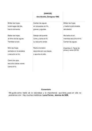 Comentario
Me gusta cómo habla de la naturaleza y la importancia que tiene, pues sin ella no
podríamos vivir. Hay muchas metáforas. Luna Forner, alumna de S2B.
[HAIKUS]
Ana Alcolea, Zaragoza 1962
Brillan las hojas, 

luciérnagas del día,

tras la tormenta.

Bailan las hojas,

al ritmo de las aguas. 

Tiemblan al sol.

Miro las hojas 

sentada en la escalera 

y escucho al río.

Cierro los ojos, 

escucho claras voces: 

canta el río.

Cantan las aguas

en orquestas sin ﬁn, 

graves y agudas.

Debajo del puente 

corre y canta el río. 

Lo escucho andar.

Recto el enebro 

esconde aún sus bayas, 

y apunta al cielo.

Brillan las hojas

y hasta la piel amable 

del abedul.

Me baña el sol 

mientras escucho el río. 

Cantan las aguas.

Enjambre 2. Panal de
prosa y verso (2019)

 