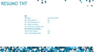 RESUMO TNT
TV
Período : Junho de 2015
Nº Chamadas 5“: 60
Nº Total Vinhetas 5“: 12
Nº Total Formatos: -
Nº Total de inserções 30“: -
Nº Total de Inserções: -
Valor Total Tabela: R$ -
Valor Total Negociado: R$ -
 