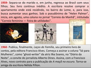 1959- Separa-se do marido e, em junho, regressa ao Brasil com seus
filhos. Seu livro continua inédito. A escritora resolve comprar o
apartamento onde está residindo, no bairro do Leme, e, para isso,
busca aumentar seus ganhos. Sob o pseudônimo de "Helen Palmer",
inicia, em agosto, uma coluna no jornal "Correio da Manhã", intitulada
"Correio feminino — Feira de utilidades".
1960- Publica, finalmente, Laços de Família, seu primeiro livro de
contos, pela editora Francisco Alves. Começa a assinar a coluna "Só para
Mulheres", como "ghost-writer" da atriz Ilka Soares, no "Diário da
Noite", a convite do jornalista Alberto Dines. Assina, com a Francisco
Alves, novo contrato para a publicação de A maçã no escuro. Torna-se
amiga da escritora Nélida Piñon.
 