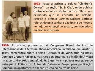 1962- Passa a assinar a coluna "Children's
Corner", da seção "Sr. & Cia.", onde publica
contos e crônicas. Visita, com os filhos, seu
ex-marido que se encontra na Polônia.
Recebe o prêmio Carmen Dolores Barbosa
(oferecido pela senhora paulistana de mesmo
nome), por A maçã no escuro, considerado o
melhor livro do ano.
1963- A convite, profere no XI Congresso Bienal do Instituto
Internacional de Literatura Ibero-Americana, realizado em Austin -
Texas, conferência sobre o tema "Literatura de vanguarda no Brasil.
Conhece Gregory Rabassa, mais tarde tradutor para o inglês de A maçã
no escuro. A paixão segundo G. H. é escrito em poucos meses, sendo
entregue à Editora do Autor, de Sabino e Braga, para publicação.
Compra um apartamento em construção no bairro do Leme.
 