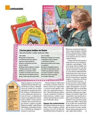MARCELO ALMEIDA

LINGUAGEM

Livre escolha: ter as
obras à mão aumenta
o contato e promove
o interesse

Livros para todas as fases
Veja como escolher o melhor conforme a idade
ATÉ 2 ANOS
s Aproveite os títulos feitos
em diferentes materiais: plástico,
figuras em relevo, tecido etc.
s Ensine a importância de cuidar
bem do material.
s Ofereça textos de gêneros variados
e histórias apenas com imagens.
s Músicas, encenações e teatro
de dedos e de sombras são recursos
adicionais para atividades de leitura.
s Leia e releia cada obra várias vezes.

+?

QUER
SABER

CONTATOS
CEI Hilca Piazero
Schnaider, R.
Mariana Bronemann,
353, 89036-080,
Blumenau, SC, tel.
(47) 3329-0395
CMEI Cavalinho
de Pau, R. Antônio
Menarim, s/nº,
84172-390,
Castro, PR,
tel. (42) 3906-2156
Mariana
Senhorini,
senhorini_senhorini@
hotmail.com

DE 3 A 6 ANOS
s Selecione histórias com enredos
e linguagem e mais complexos
a cada sessão de leitura.
s Apresente histórias mais longas,
em capítulos.
s Amplie as situações de leitura
para além do prazer literário, mas
também para pesquisar, estudar
e se instruir (receitas e manuais).
s Promova a leitura em grupo,
em voz alta e silenciosa.

dispersar ninguém. No Centro Municipal de Educação Infantil Cavalinho de Pau, em Castro, a 160 quilômetros de Curitiba, há um espaço
especialmente montado para os bebês: a bebeteca. O diferencial está no
acervo, voltado para a faixa dos menores de 3 anos, e na disposição de
outros recursos adicionais, como fantoches e móbiles.“É uma maratona.
O desafio é dar conta de tanta energia, interesse, e explorar as possibilidades do trabalho”, explica Márcia
Maria King, coordenadora da bebeteca. A atividade não ultrapassa 15
minutos em cada turno.

Mariana Senhorini, bibliotecária
de Londrina, no Paraná, estudou bebetecas e adverte que o espaço físico
e os outros recursos ajudam o educador, mas o importante mesmo é o
livro.“Não há fórmula para explorar
o faz-de-conta literário. Conhecer os
limites da turma e auxiliar a representação das histórias são as principais coordenadas”, afirma.

Espaço de conhecimento
Por enquanto, bebetecas são raras no
Brasil. A chave é ampliar o cantinho
de leitura. No Centro de Educação
Infantil Hilca Piazero Schnaider, em

Blumenau, no interior de Santa Catarina, muitas almofadas e edredons
forram o chão para deixar o ambiente aconchegante. As estantes na altura dos pequenos são um convite irresistível à leitura.
O espaço funciona bem porque a
equipe docente tem um projeto para garantir a aprendizagem. “Poderia ser apenas mais um trabalho, mas
virou um dos momentos mais especiais de convivência e conhecimento”, conta a diretora, Maria Estela Pitz.
Todas semana, ela se reúne com professores de Educação Infantil para
discutir os lançamentos, o papel das
imagens e a importância da leitura
no desenvolvimento humano – tudo para encontrar títulos instigantes, sem lições de moral nem personagens estereotipados e com um final inusitado. Tanto na escola Hilca
Piazero Schnaider como na Cavalinho de Pau, as histórias são compartilhadas com famílias. Pegar livros
emprestados é uma maneira de ampliar as oportunidades de leitura e
estabelecer uma convivência saudável entre pais e filhos. “Quem gosta
de ler vai além dos momentos planejados. Bom mesmo é ver os colegas com um livro na mão e uma história na cabeça, pronta para ser contada”, explica Márcia Maria.

 