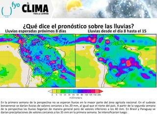 ¿Qué dice el pronóstico sobre las lluvias?

Lluvias esperadas próximos 8 días

Lluvias desde el día 8 hasta el 15

En la primera semana de la perspectiva no se esperan lluvias en la mayor parte del área agrícola nacional. En el sudeste
bonaerense se darían lluvias de valores cercanos a los 20 mm, al igual que el norte del país. A partir de la segunda semana
de la perspectiva las lluvias llegarían de manera general pero de valores inferiores a los 40 mm. En Brasil y Paraguay se
darían precipitaciones de valores cercanos a los 35 mm en la primera semana. Se intensificarían luego.

 