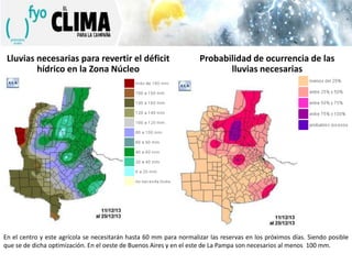 Lluvias necesarias para revertir el déficit
hídrico en la Zona Núcleo

Probabilidad de ocurrencia de las
lluvias necesarias

En el centro y este agrícola se necesitarán hasta 60 mm para normalizar las reservas en los próximos días. Siendo posible
que se de dicha optimización. En el oeste de Buenos Aires y en el este de La Pampa son necesarios al menos 100 mm.

 