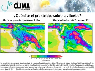 ¿Qué dice el pronóstico sobre las lluvias?
Lluvias esperadas próximos 8 días

Lluvias desde el día 8 hasta el 15

En la primera semana de la perspectiva se esperan lluvias inferiores a los 20 mm en la mayor parte del agrícola nacional. Las
precipitaciones más intensas se darán en el sudeste bonaerense donde superarán los 30 mm. En Paraguay se darán lluvias
intensas en el extremo oeste, al igual que en las regiones productoras del centro y norte de Brasil, donde superarían los 100
mm. A partir del 19 de diciembre se darían lluvias más de valores más intensos en la región productora argentina.

 