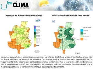 Reservas de humedad en Zona Núcleo

Necesidades hídricas en la Zona Núcleo

Las extremas condiciones ambientales que venimos transitando desde hace unos quince días han promovido
un fuerte consumo de reservas de humedad. El balance hídrico resulta deficitario presionado por el
requerimiento de las coberturas y por la sobre demanda atmosférica. Para la soja la situación puede ser aún,
más acomodada pero el maíz está muy exigido y necesita agua en forma perentoria. De más está decir que la
mejora esperada para la transición intermensual es vital para esta campaña.

 