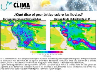 ¿Qué dice el pronóstico sobre las lluvias?
Lluvias esperadas próximos 8 días

Lluvias desde el día 8 hasta el 15

En la primera semana de la perspectiva se esperan lluvias de importancia para la región central agrícola de Argentina donde
se acumularían más de 50 mm. En las regiones productoras de Brasil se acumularían entre 50 y 150 mm en la próxima
semana, siendo la del sur la más beneficiada. En Paraguay las lluvias intensas se darían en el este de la misma.
A partir de la segunda semana de la perspectiva las lluvias superarían los 20 mm en el centro y norte del área agrícola de
Argentina. El sur bonaerense no recibiría lluvias en los próximos 15 días, brindando buenas condiciones para la trilla fina,
pero complicando las reservas de humedad para la siembra de soja en la región.

 