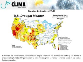 Monitor de Sequía en EEUU

3 DE SEPTIEMBRE

El monitor de sequía marca condiciones de sequía severa en los estados del centro y sur donde se
encuentra implantado el trigo invernal. La situación se agrava semana a semana a causa de las escasas
lluvias registradas.

 