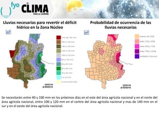 Lluvias necesarias para revertir el déficit
hídrico en la Zona Núcleo

Probabilidad de ocurrencia de las
lluvias necesarias

Se necesitarán entre 40 y 100 mm en los próximos días en el este del área agrícola nacional y en el norte del
área agrícola nacional, entre 100 y 120 mm en el centro del área agrícola nacional y mas de 140 mm en el
sur y en el oeste del área agrícola nacional.

 