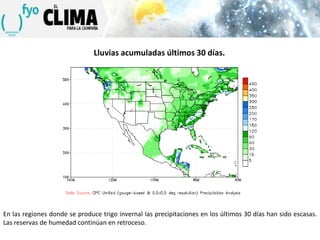 Lluvias acumuladas últimos 30 días.

En las regiones donde se produce trigo invernal las precipitaciones en los últimos 30 días han sido escasas.
Las reservas de humedad continúan en retroceso.

 