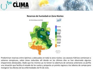 Reservas de humedad en Zona Núcleo
Al 24 de febrero de 2014

Predominan reservas entre óptimas y adecuadas en toda la zona núcleo. Los excesos hídricos comienzan a
volverse conspicuos, sobre áreas reducidas allí donde en los últimos días se han observado algunos
chaparrones destacados. Dado que los mismos ya no tienen la cobertura de semanas anteriores se perfila
una situación que facilita el oreado de los suelos y proyecta un pronto regreso a las labores de campo para
morigerar los efectos de las enfermedades de fin de ciclo.

 