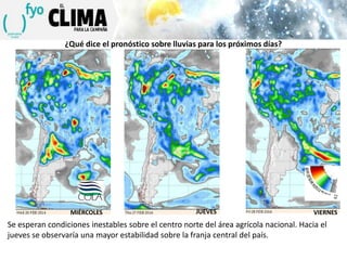 ¿Qué dice el pronóstico sobre lluvias para los próximos días?

previsibilidad

previsibilidad

MARTES
MIÉRCOLES

JUEVES

VIERNES

Se esperan condiciones inestables sobre el centro norte del área agrícola nacional. Hacia el
jueves se observaría una mayor estabilidad sobre la franja central del país.

 