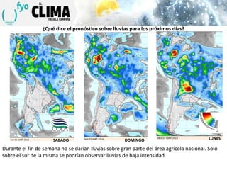 ¿Qué dice el pronóstico sobre lluvias para los próximos días?

SABADO

DOMINGO

LUNES

Durante el fin de semana no se darían lluvias sobre gran parte del área agrícola nacional. Solo
sobre el sur de la misma se podrían observar lluvias de baja intensidad.

 