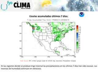 Lluvias acumuladas últimos 7 días.

En las regiones donde se produce trigo invernal las precipitaciones en los últimos 7 días han sido escasas. Las
reservas de humedad continúan en retroceso.

 
