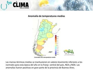 Anomalía de temperaturas medias

Las marcas térmicas medias se mantuvieron en valores levemente inferiores a los
normales para esta época del año en la franja central del país, NEA y NOA. Las
anomalías fueron positivas en gran parte de la provincia de Buenos Aires.

 
