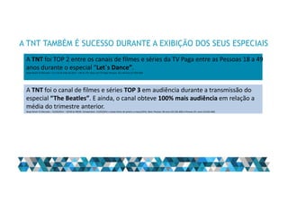 A TNT TAMBÉM É SUCESSO DURANTE A EXIBIÇÃO DOS SEUS ESPECIAIS
A TNT foi TOP 2 entre os canais de filmes e séries da TV Paga entre as Pessoas 18 a 49
anos durante o especial “Let`s Dance”.
Ibope Brasil 15 Mercado – 11 a 15 de maio de 2015 – 14h às 17h. Base com TV Paga: Pessoas, 18 a 40 anos (17.928.300)
A TNT foi o canal de filmes e séries TOP 3 em audiência durante a transmissão do
especial “The Beatles”. E ainda, o canal obteve 100% mais audiência em relação a
média do trimestre anterior.
Ibope Brasil 15 Mercado – 21/03/2014 – 22h30 às 00h30. Comparativo: 21/03/2014 x sextas-feiras de janeiro a março/2014. Base: Pessoas 18+anos (22.536.300) e Pessoas 25+ anos (19.633.300)
 